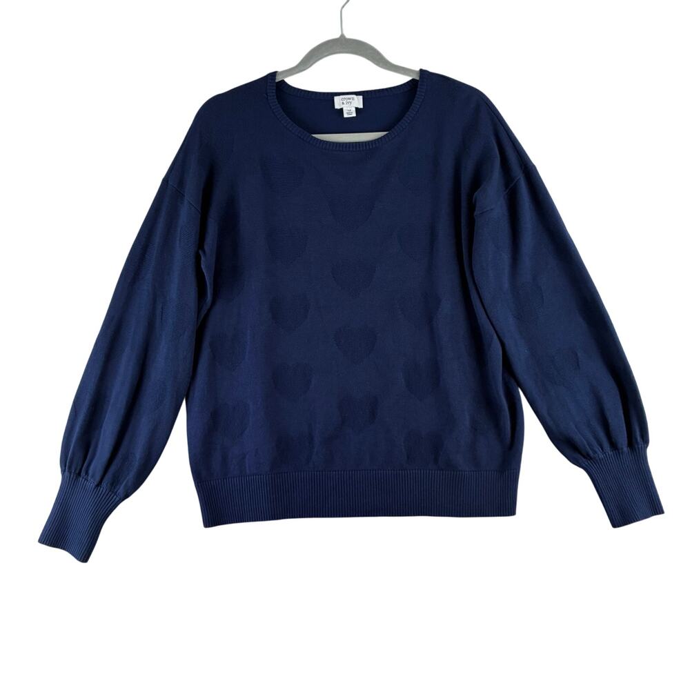 Crown & Ivy Heart Print Sweater Women’s Medium Long Balloon Sleeve Navy Feminine